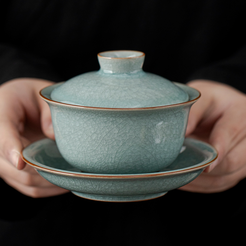 汝窑冰花三才盖碗可悬停旋转茶具泡茶汝瓷茶杯三件套茶碗开片可养