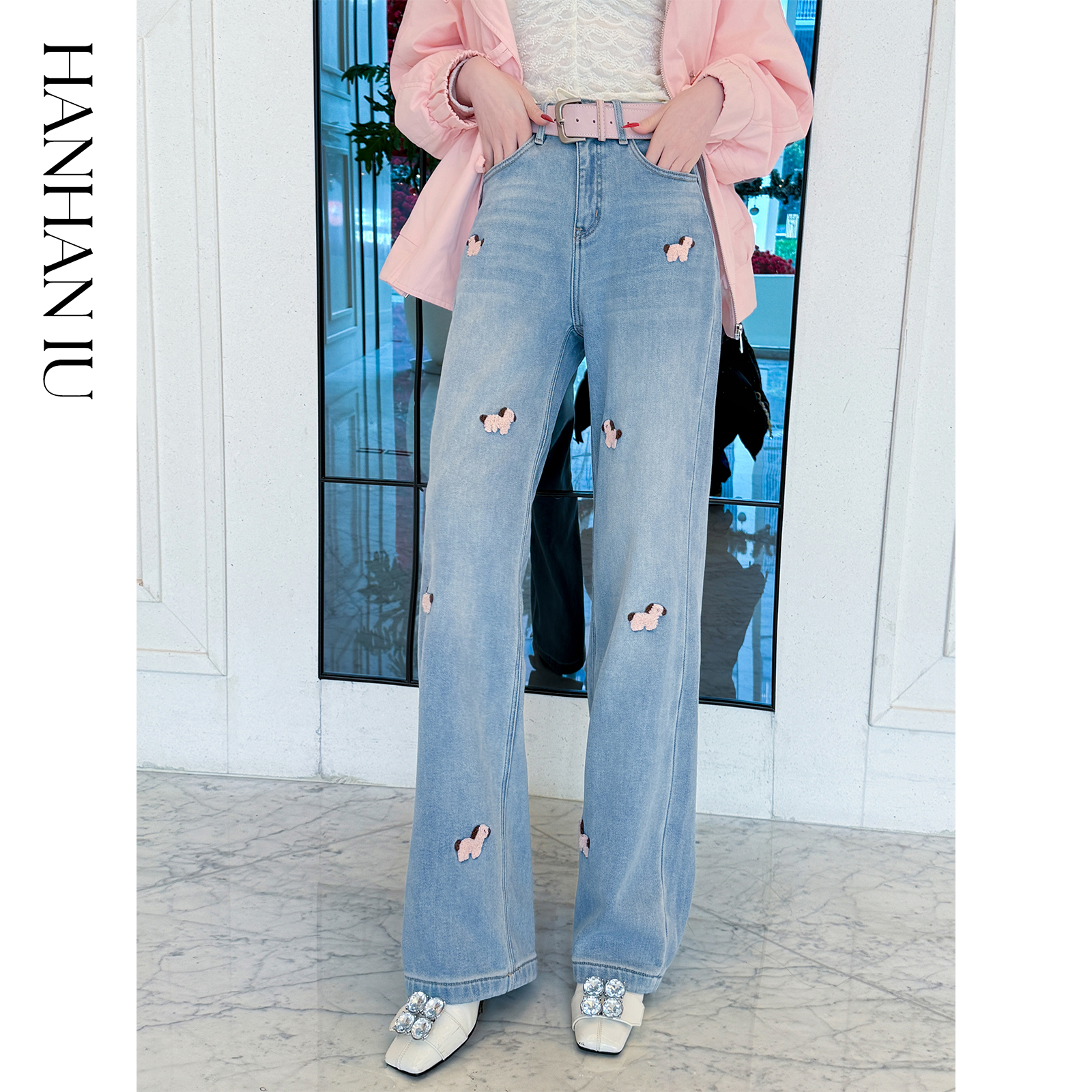 韩韩IU【甜心小马】时尚休闲含绒里精致小马刺绣遮肉显瘦直筒牛仔裤