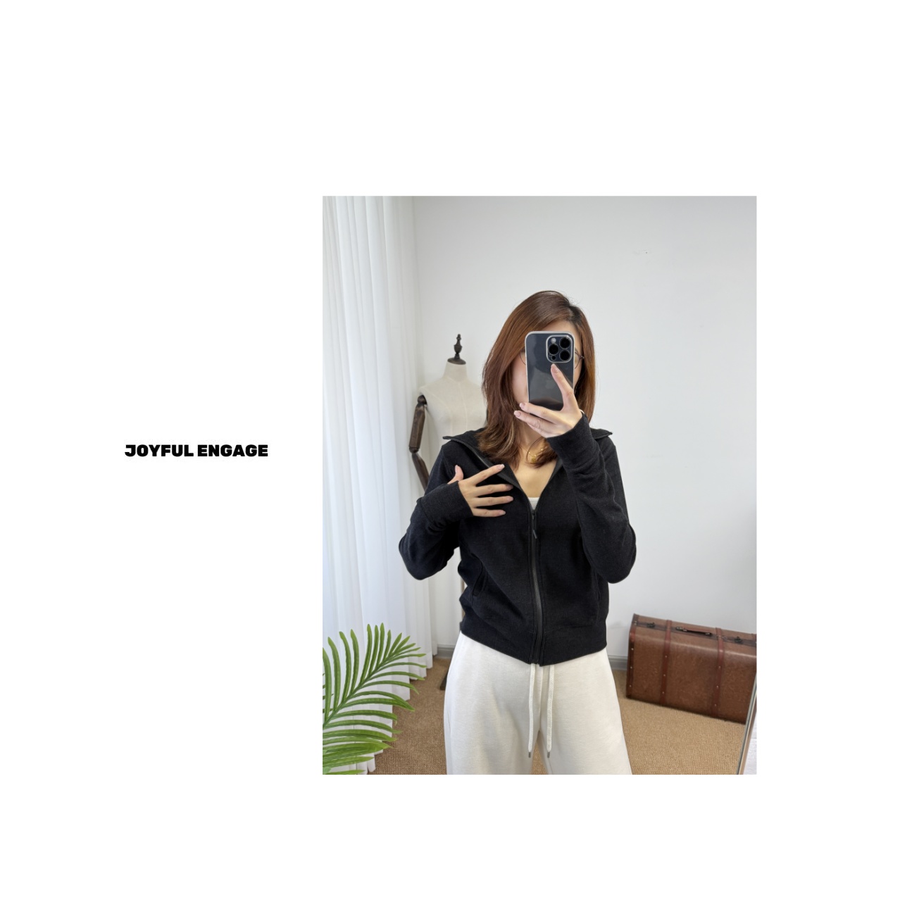 针织连帽拉链秋季女短外套常规款休闲风百搭