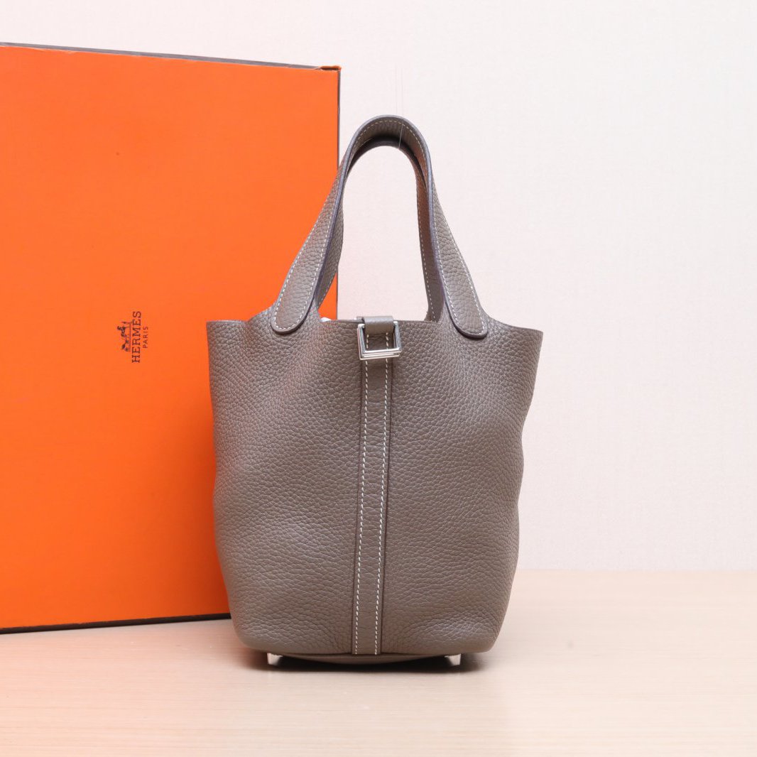 95新 Hermes/爱马仕 小花姑姑216526 菜篮子18 大象灰 TC皮 D刻包