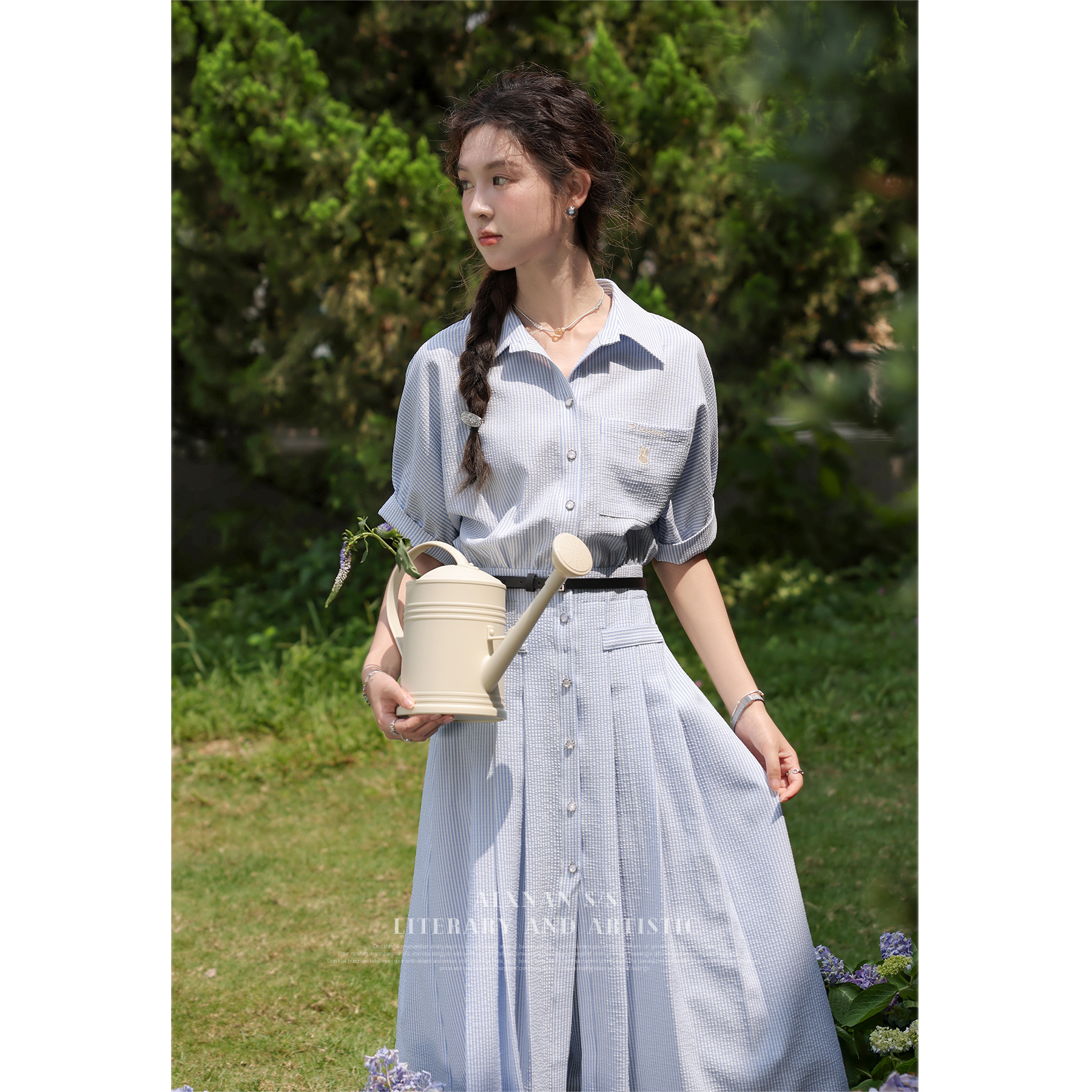 【粉丝福利】鹿向南《七月情书》衬衫连衣裙女夏条纹中长款裙LXN30609