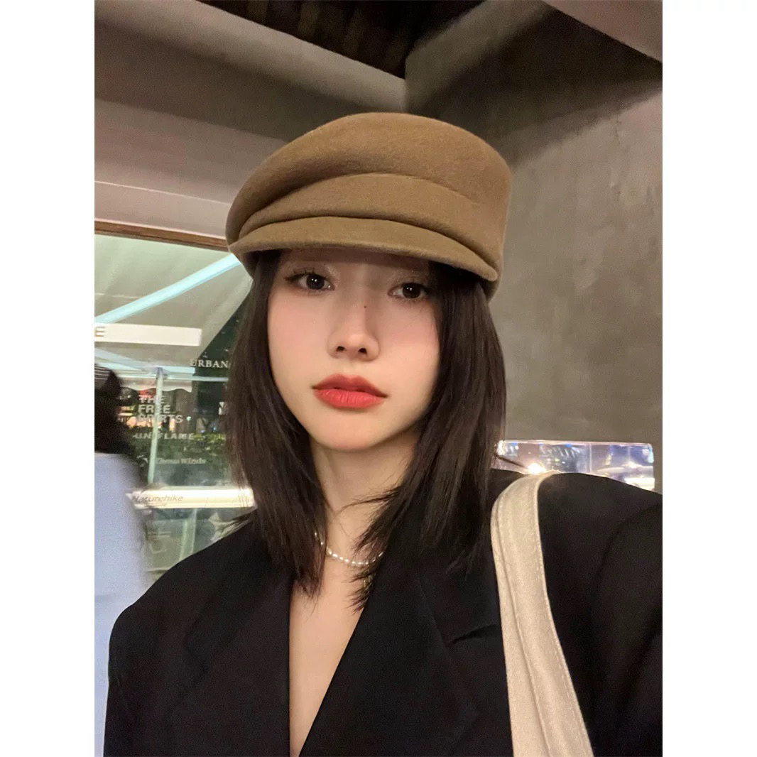 日系防晒女渔夫帽黑色大头围贝雷帽时尚毛呢秋冬帽子