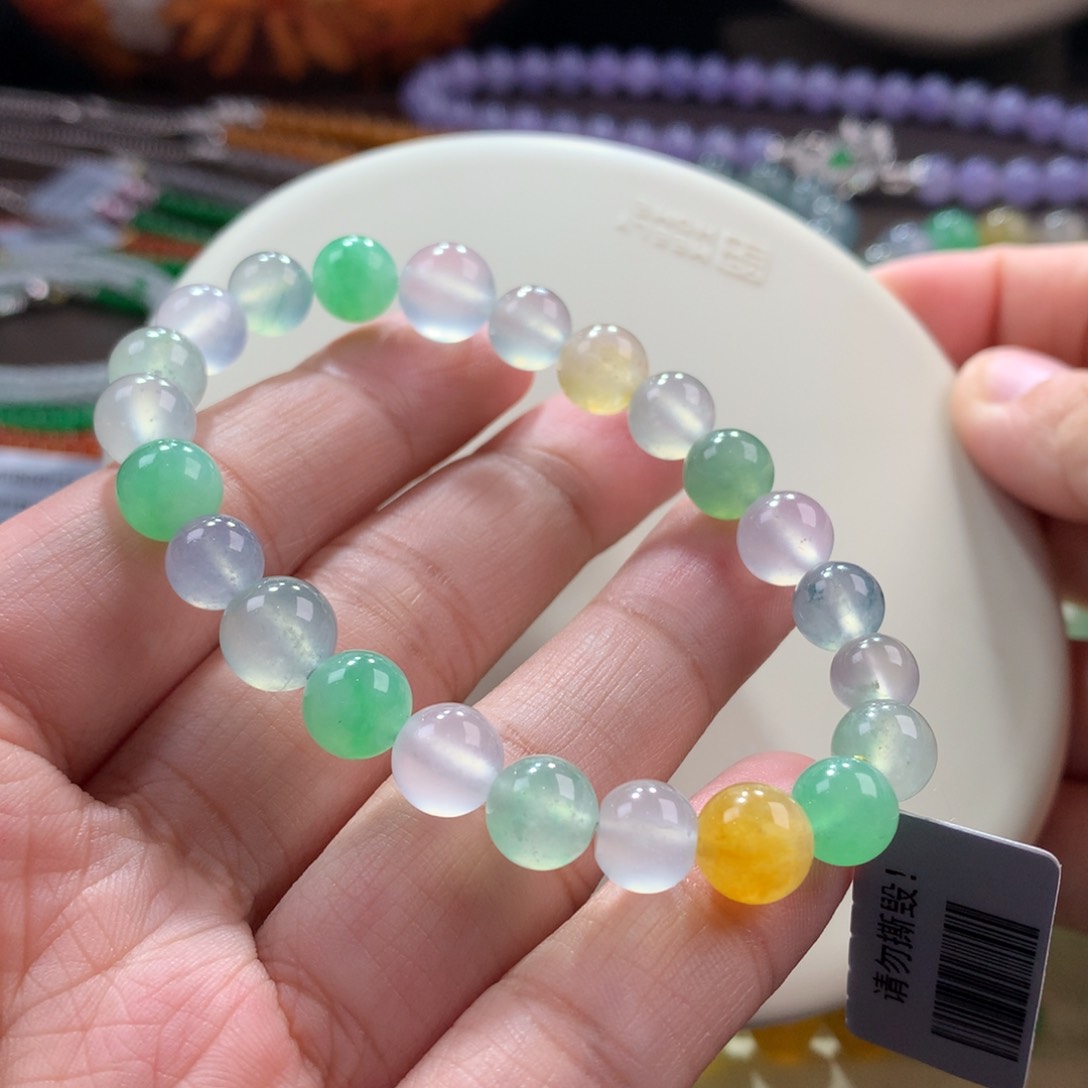 未镶嵌翡翠手链冰种幻彩马卡龙手串 卡7到9