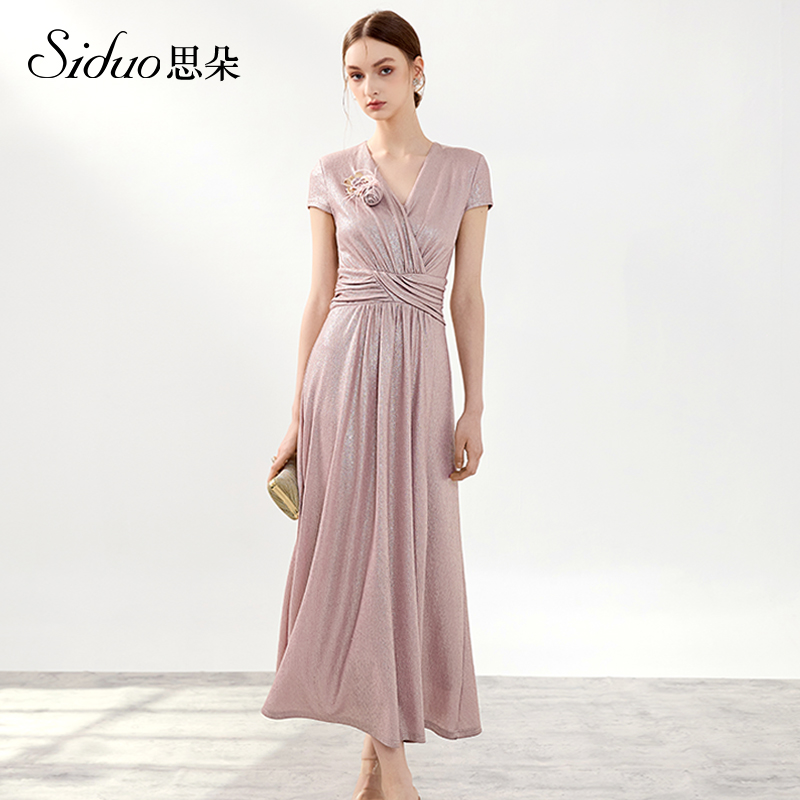 S24257礼服气质小众豆沙粉收腰秋冬长款喜妈妈婚宴端庄v领连衣裙