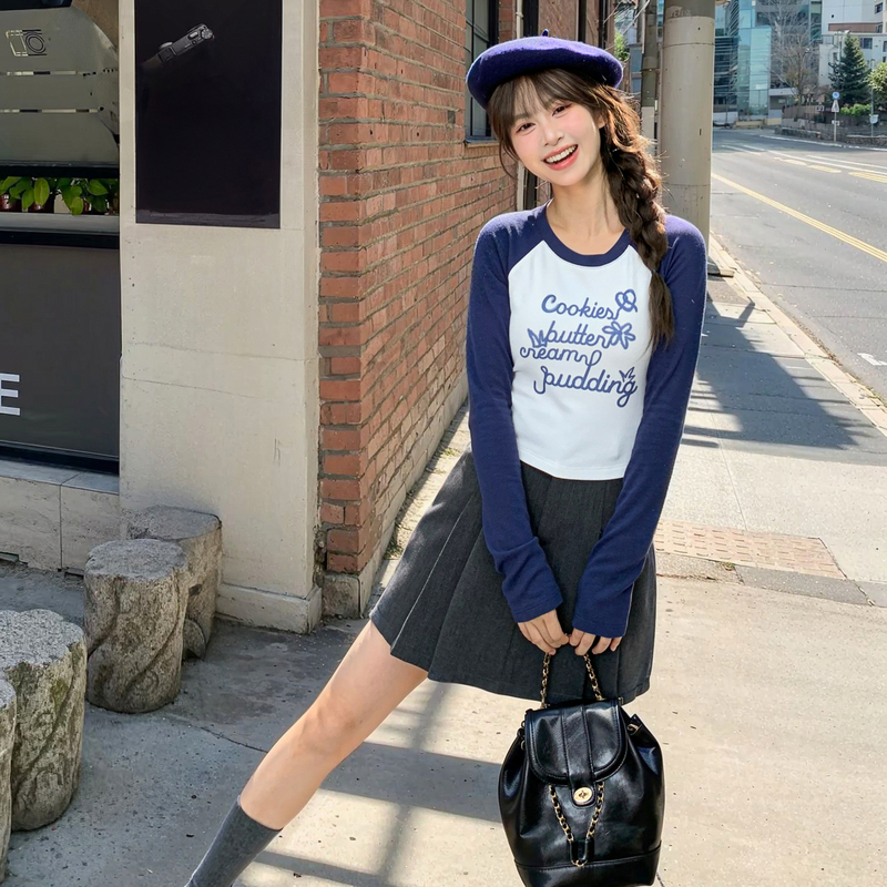 森女部落甜美风撞色修身T恤女2025新款插肩袖休闲圆领短上衣秋季