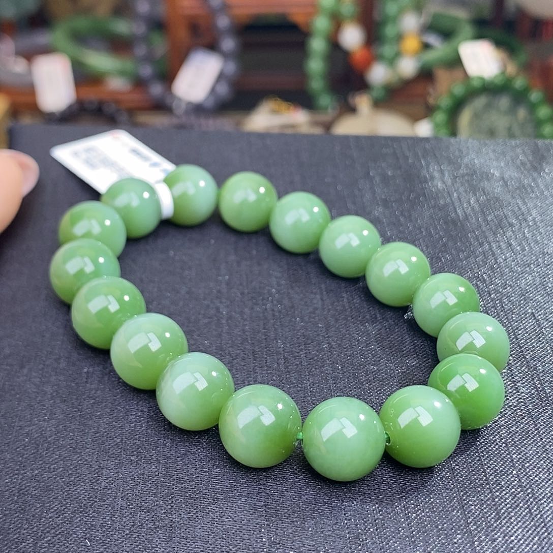 和田玉碧玉老料满色满绿猫眼约11mm手串未镶嵌