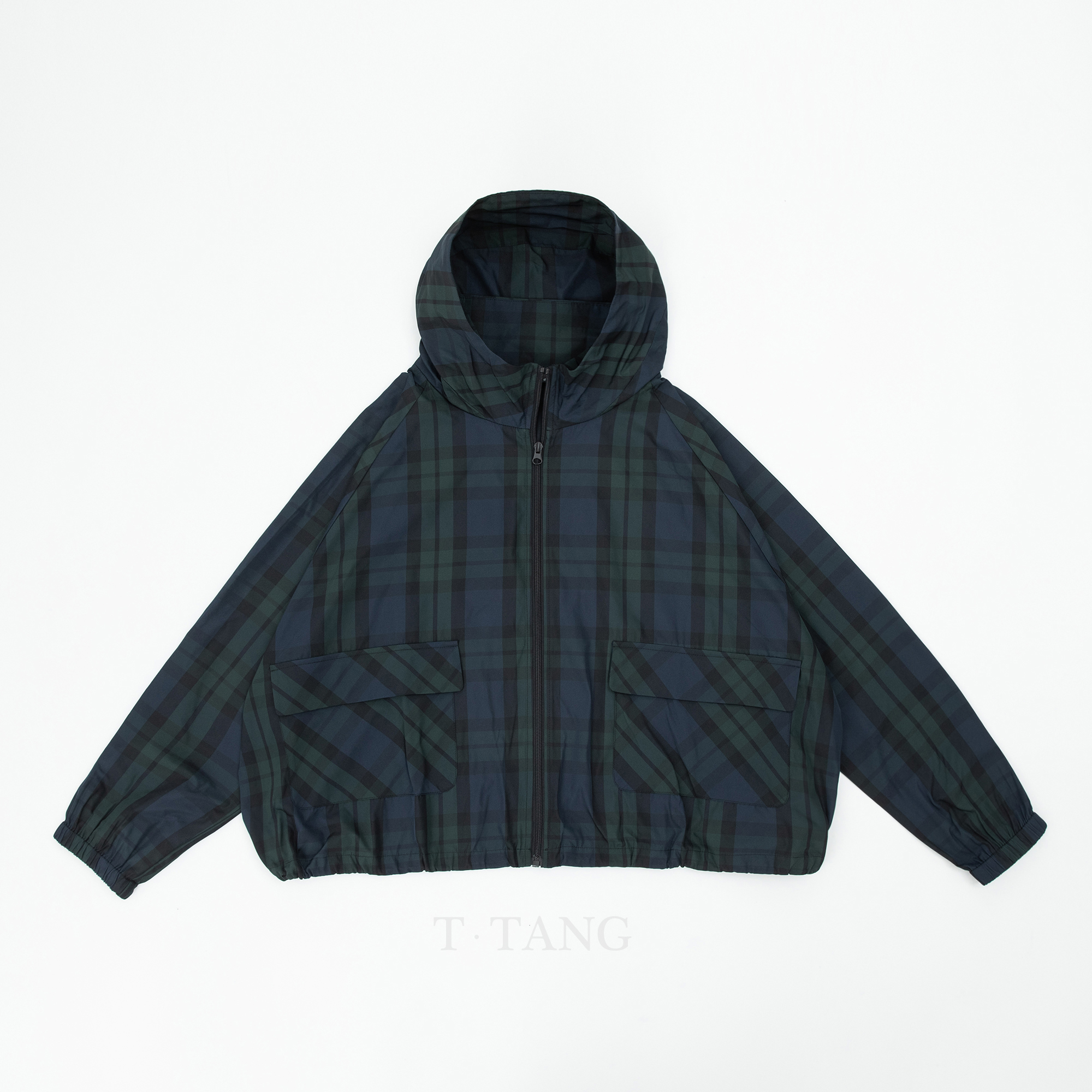 FL早秋新款撞色格子时尚拉链连帽修身女款短梭织休闲外套【3019】w