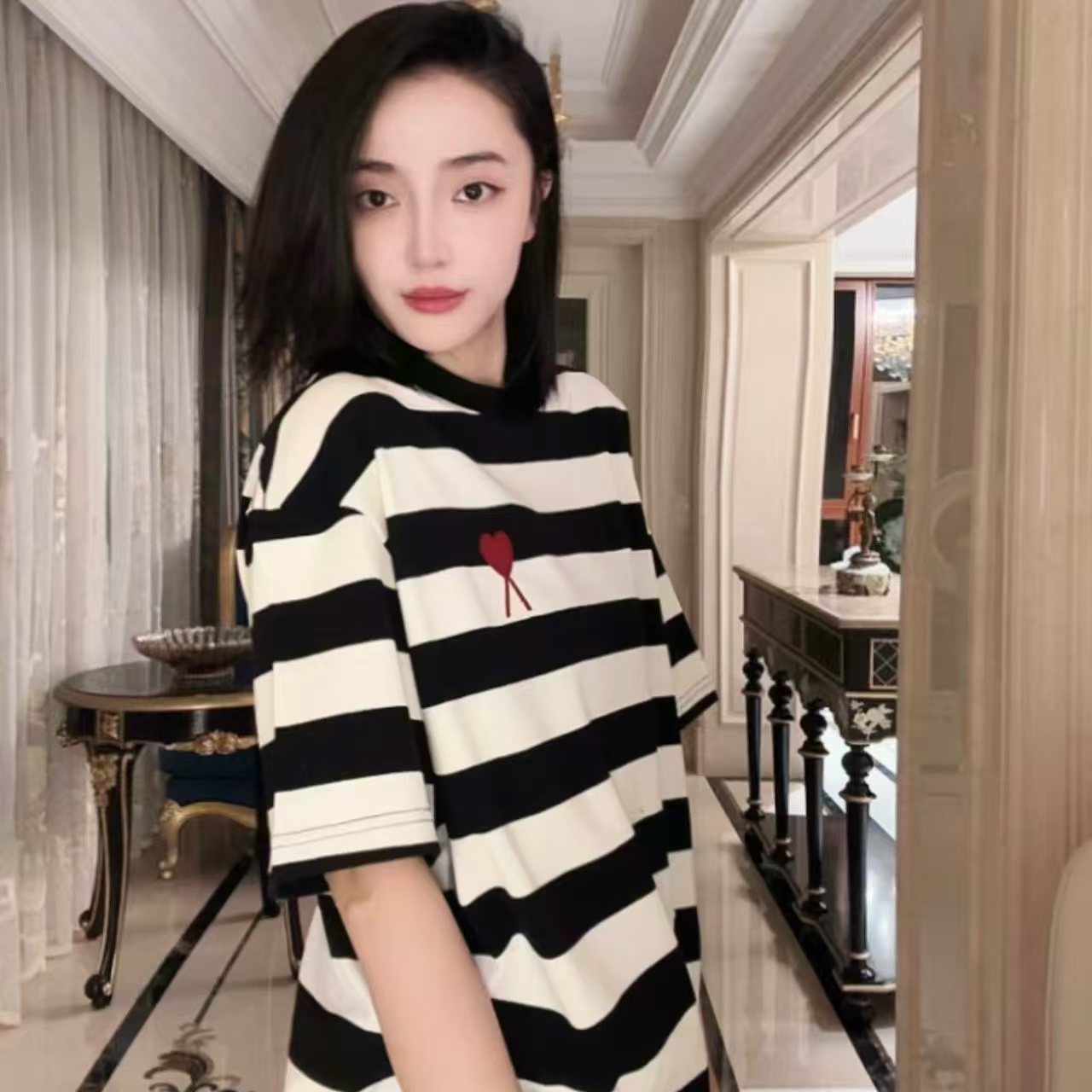 Millonthe【条纹爱心】25s春夏黑白条纹刺绣男女同款短袖300gFANFAN