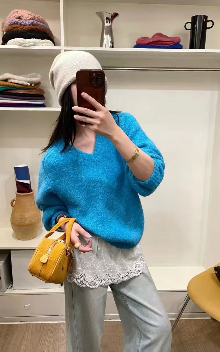 V领纯色百搭套头羊驼绒韩系针织毛衣简约宽松秋冬慵懒风松弛感