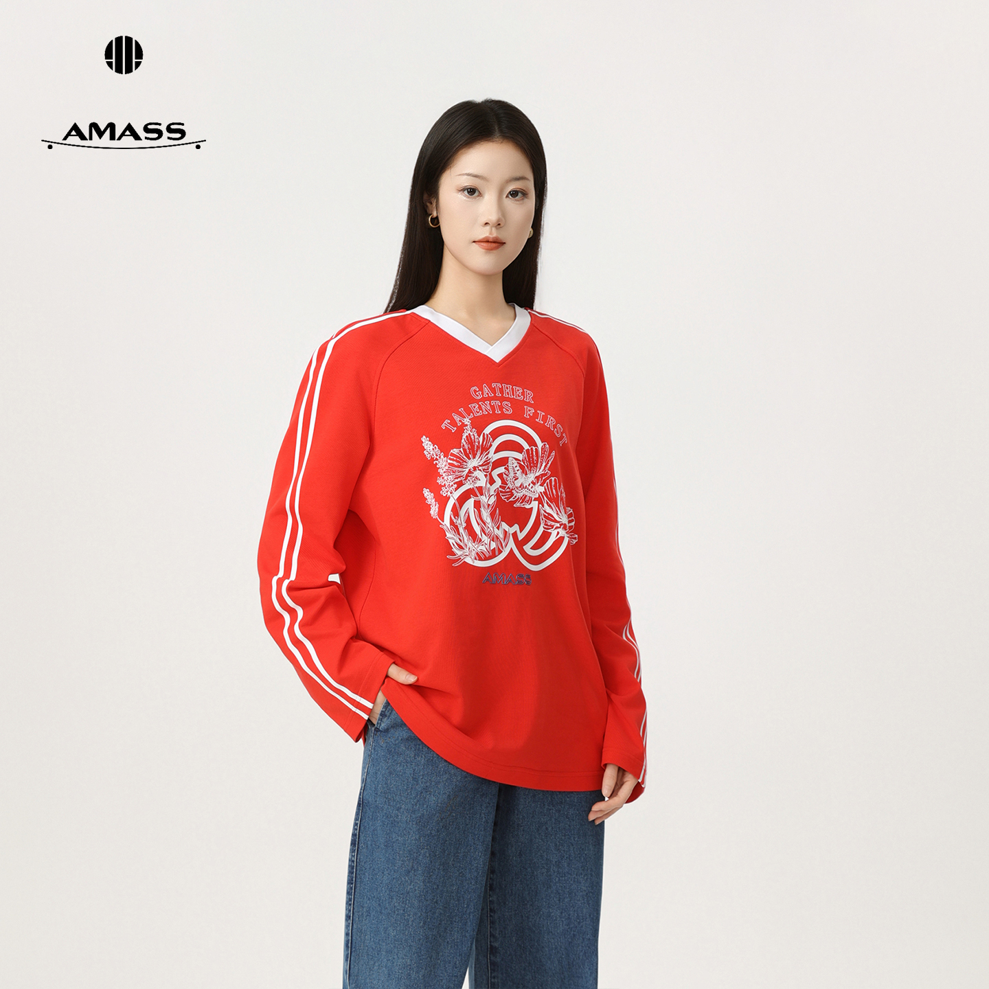 AMASS/阿玛施春季慵懒休闲百搭小众印花长袖宽松红色卫衣530158