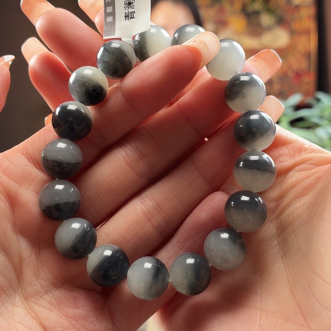 和田玉未镶嵌手串于田青花卡12圆珠