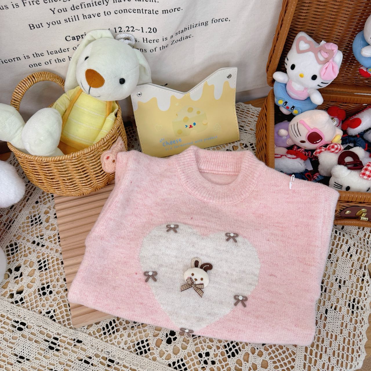 【新疆包邮】中童加厚不加绒爱心小兔拼接毛衣07412