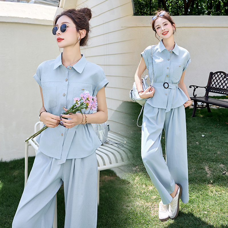 洋气减龄短袖衬衫阔腿裤两件套