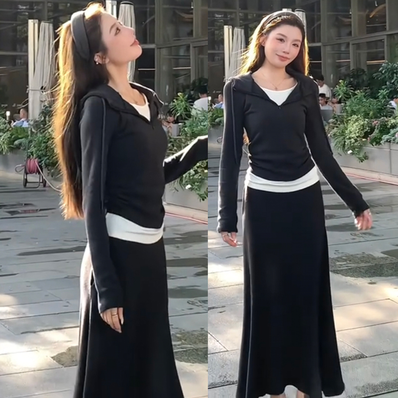 气质时尚休闲套装女2025春秋新款假两件卫衣裙子裤子两件套套装