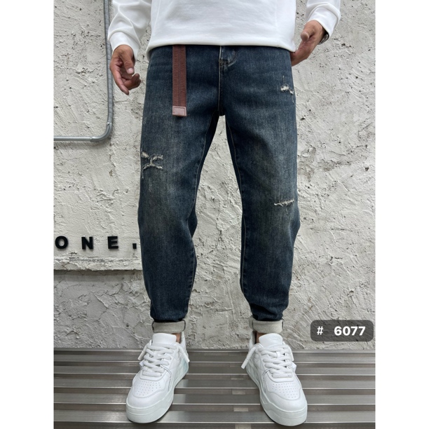 6077秋冬新款合身小脚加绒牛仔长裤男潮流破洞痞帅牛仔裤