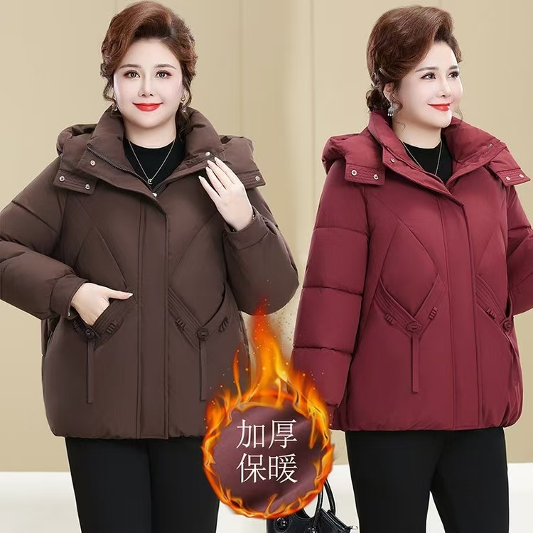 冬季大码脱卸帽纯色加绒加厚中老年女装棉服时尚保暖宽松短款中年