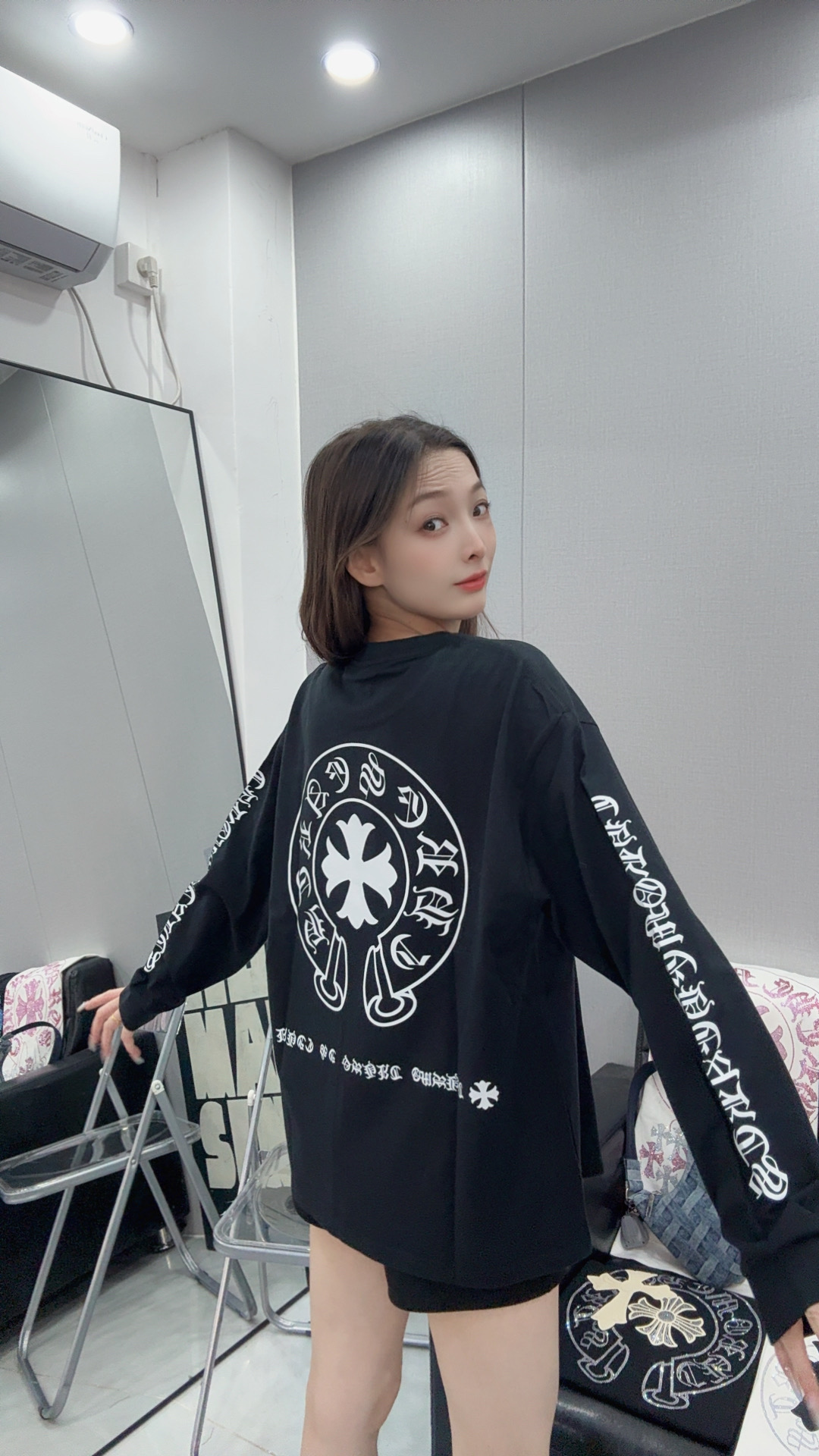 【LLZ302】袖子梵文印花爆款十字架 280G纯棉男女同款长袖