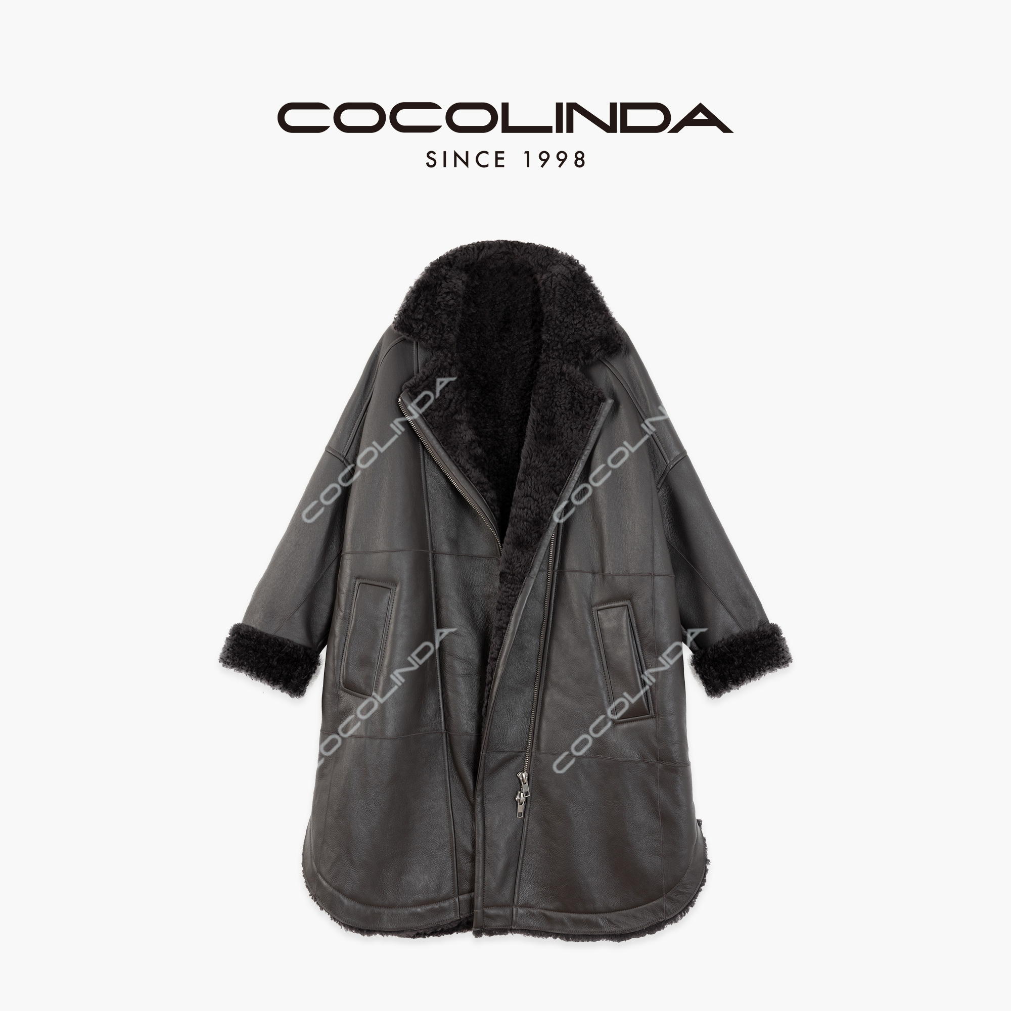 COCOLINDA | 100%羊毛皮'美利奴'老钱廓形中长款皮毛一体F5298