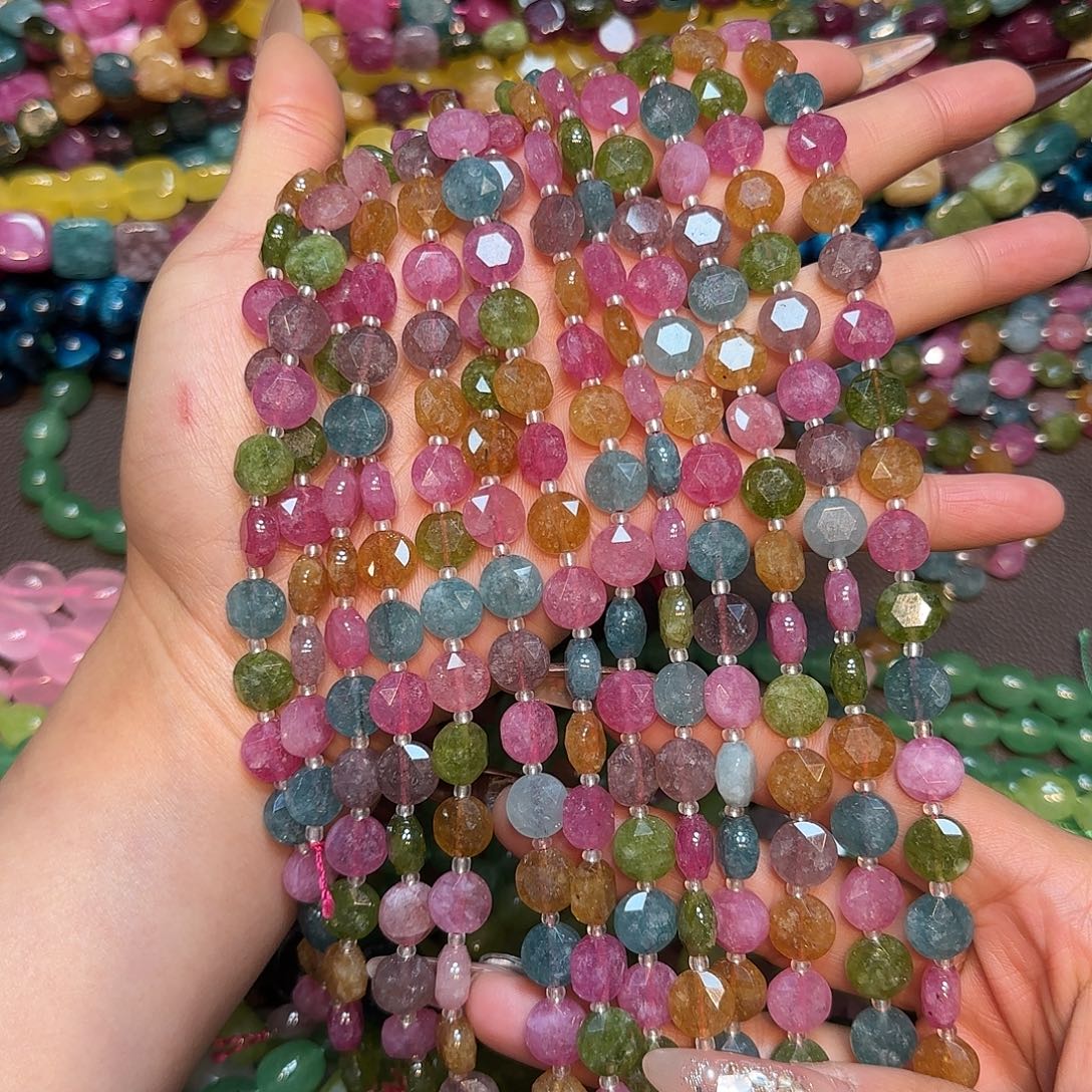 玛瑙/玉髓未镶嵌珠宝半成品10mm天然石碧玺圆饼切面一条