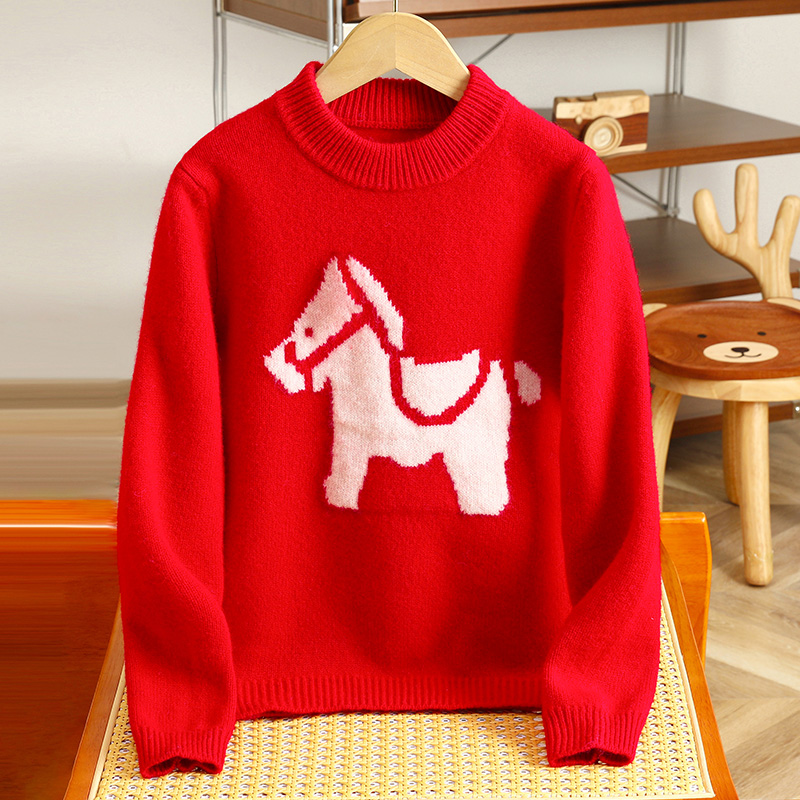 新年红刺绣小马儿童羊毛衫毛衣男女童装针织衫秋冬加厚保暖打底衫
