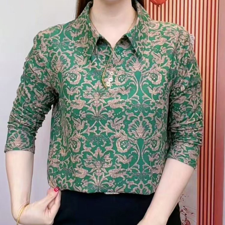 中老年女装秋季妈妈装长袖上衣大码时尚印花小衫百搭打底衫春秋
