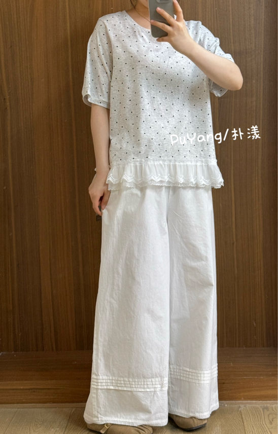 灰色波点蕾丝边T桖正肩显瘦