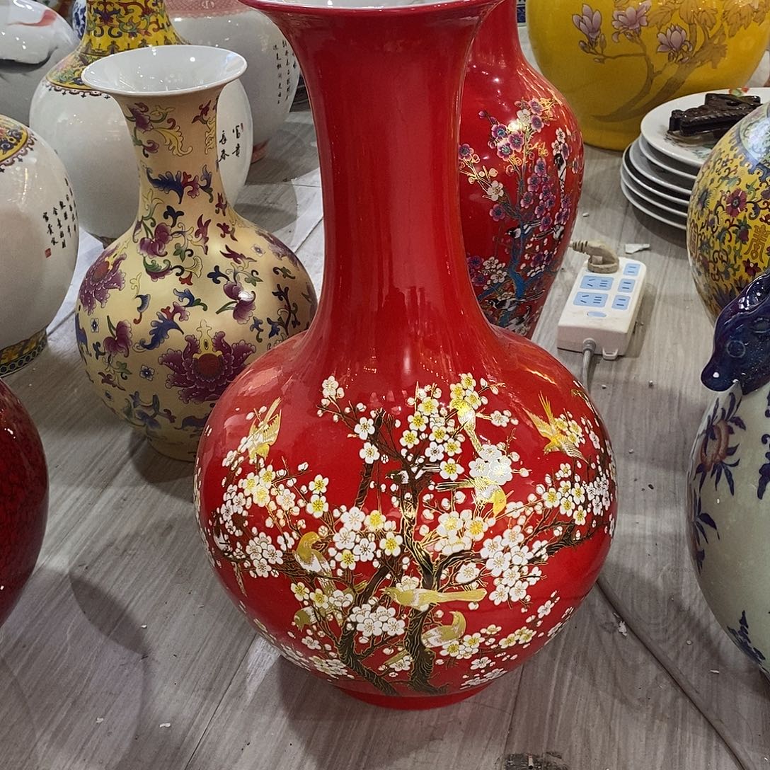 陶摆件47cm红色时时报喜赏瓶