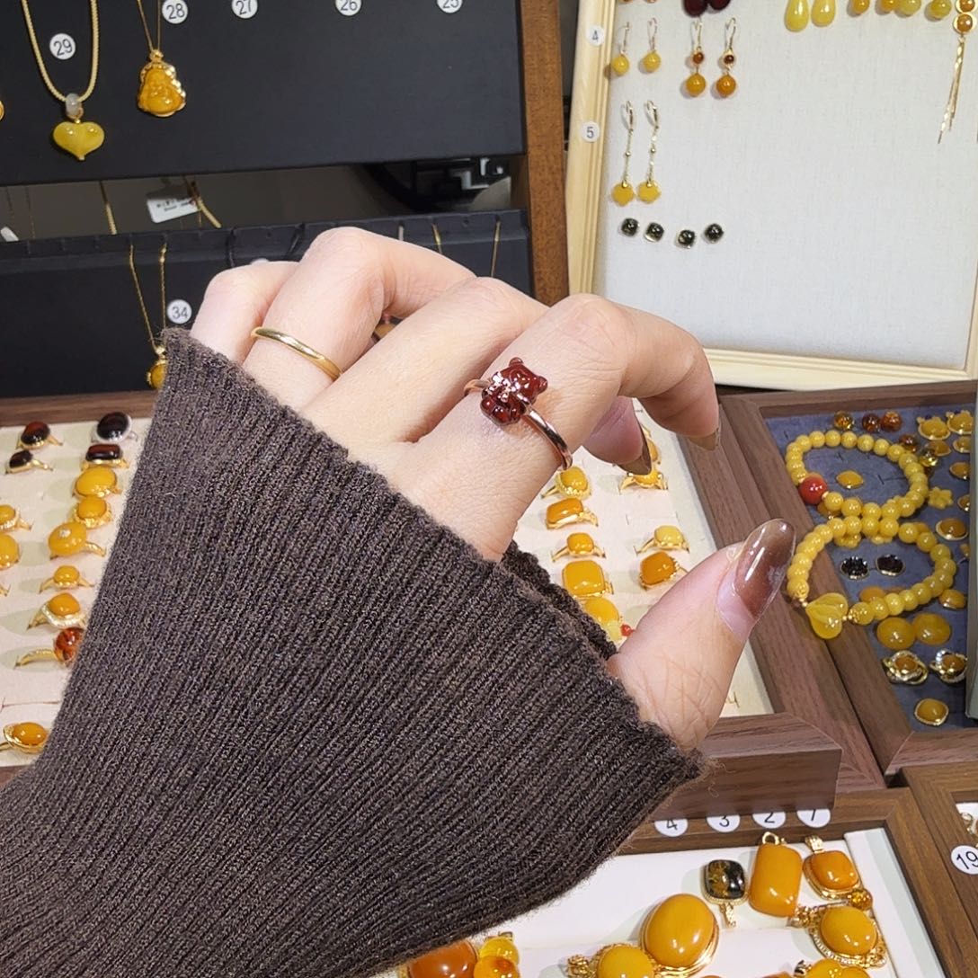 血珀银S925镀金镶嵌戒指