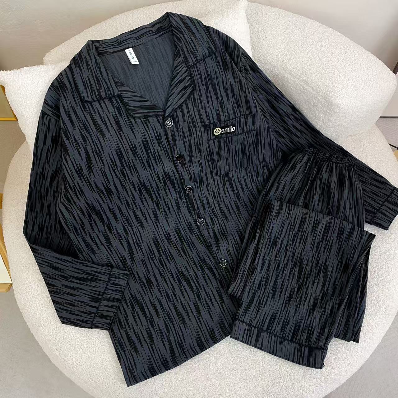 纯棉流行薄款男常规款衬衫领长袖秋冬睡衣家居服休闲简约套装大码