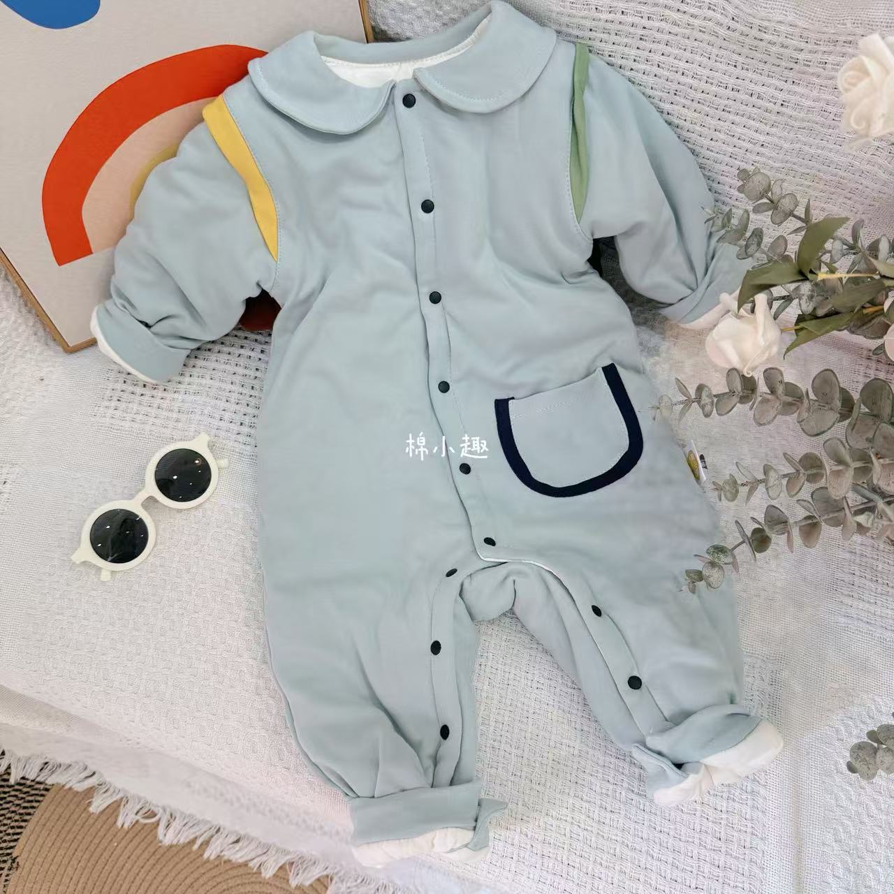 薄荷绿拼色肩200克手工棉花衣保暖舒适婴幼儿宝宝亲肤男宝闭裆