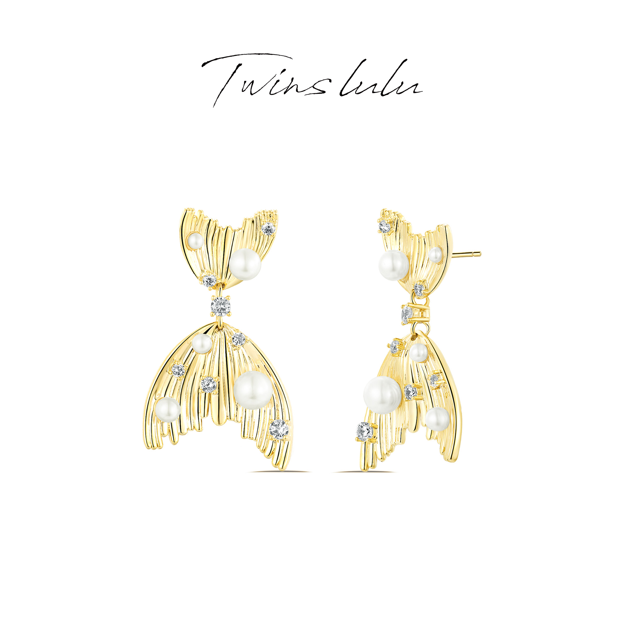 TWINS LULU 镀K金  新年款小众鱼尾设计闪亮对称鱼尾耳环TSL1490