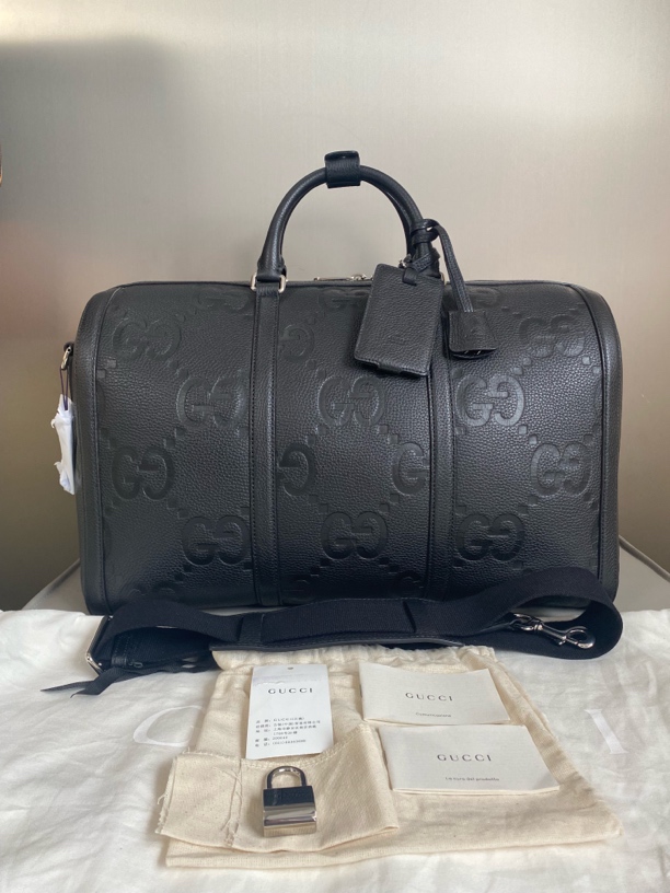 99新 GUCCI/古驰 黑色全皮压纹大logo45底长旅行袋hws152