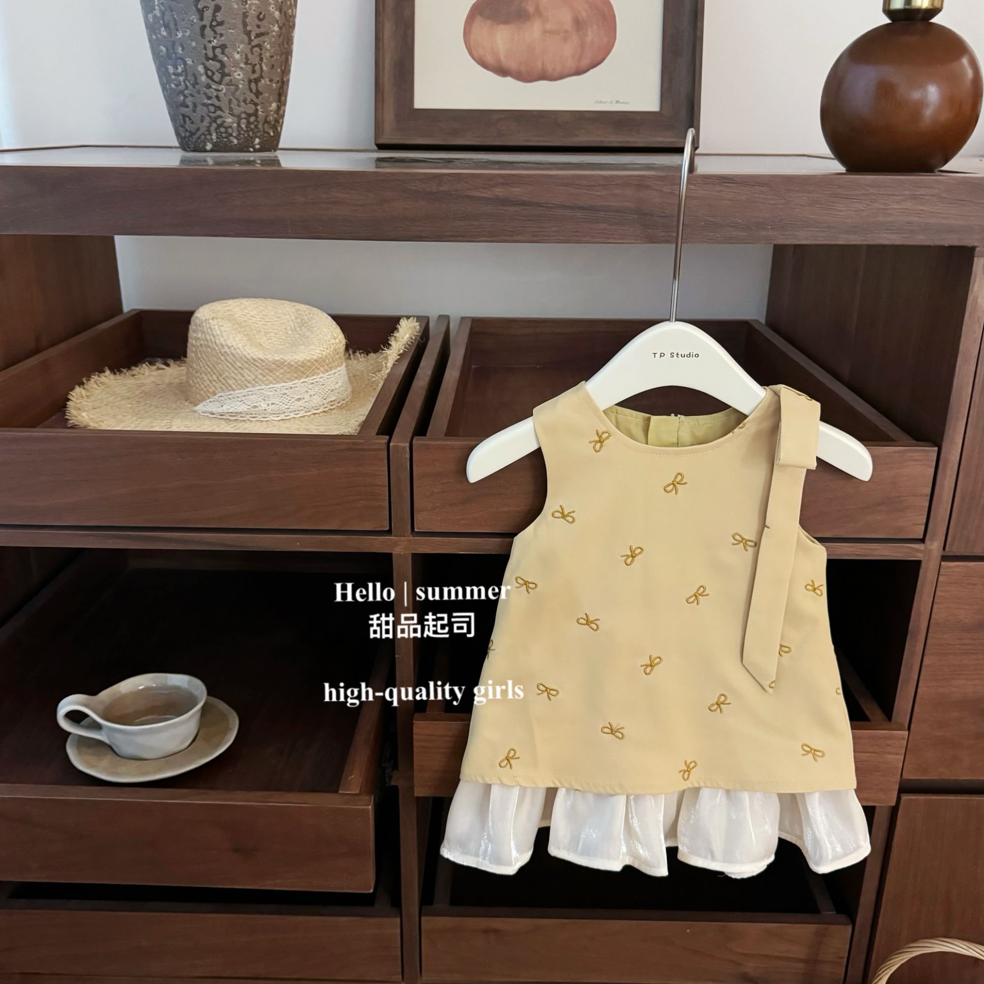 【甜品起司】香香风！女宝宝蝴蝶结飘带黄色miu系小千金无袖娃娃裙