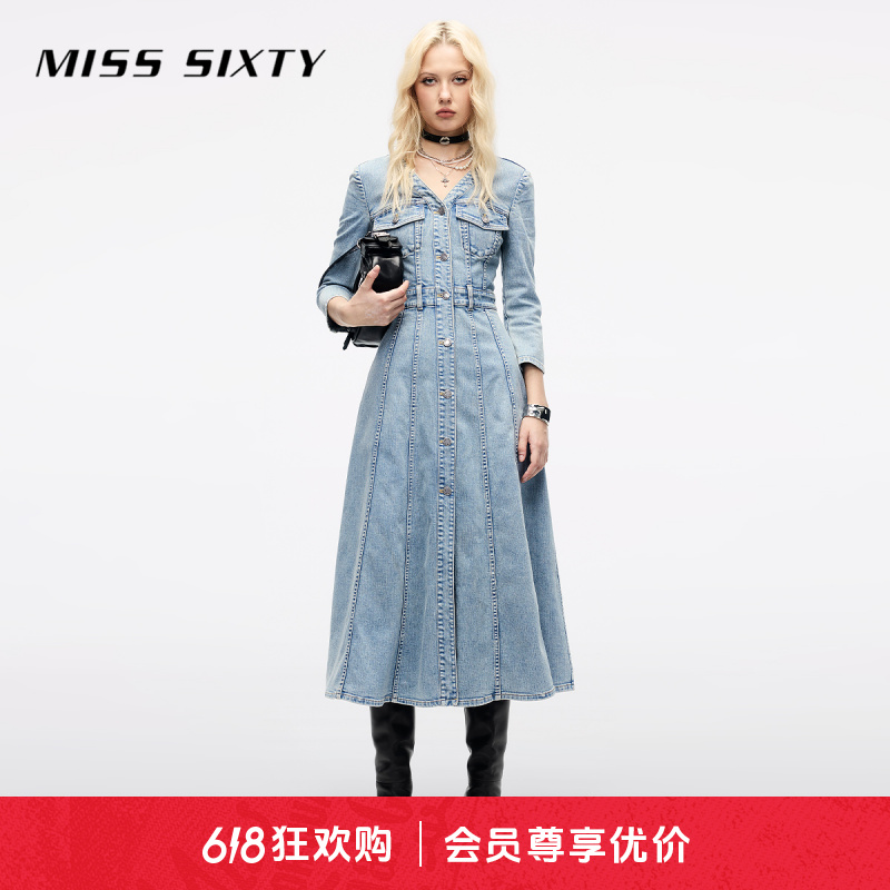 【商场同款新品】Miss Sixty2025夏季长袖牛仔连衣裙女V领收腰A字裙