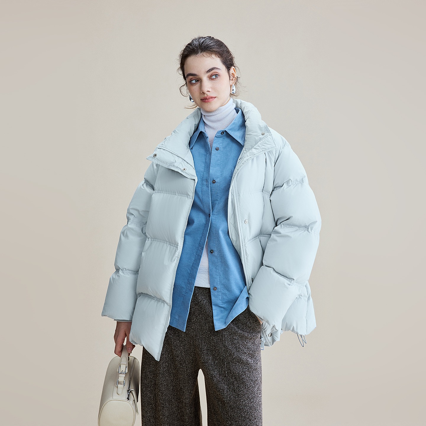 鲸乎微皱肌理感三防90白鹅绒立领面包羽绒服25秋冬一手长廓形外套