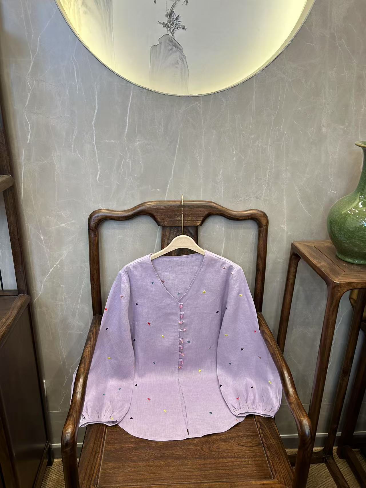 【沅媛】春夏百搭日常休闲款刺绣爱心V领国风女士新中式上衣大衫