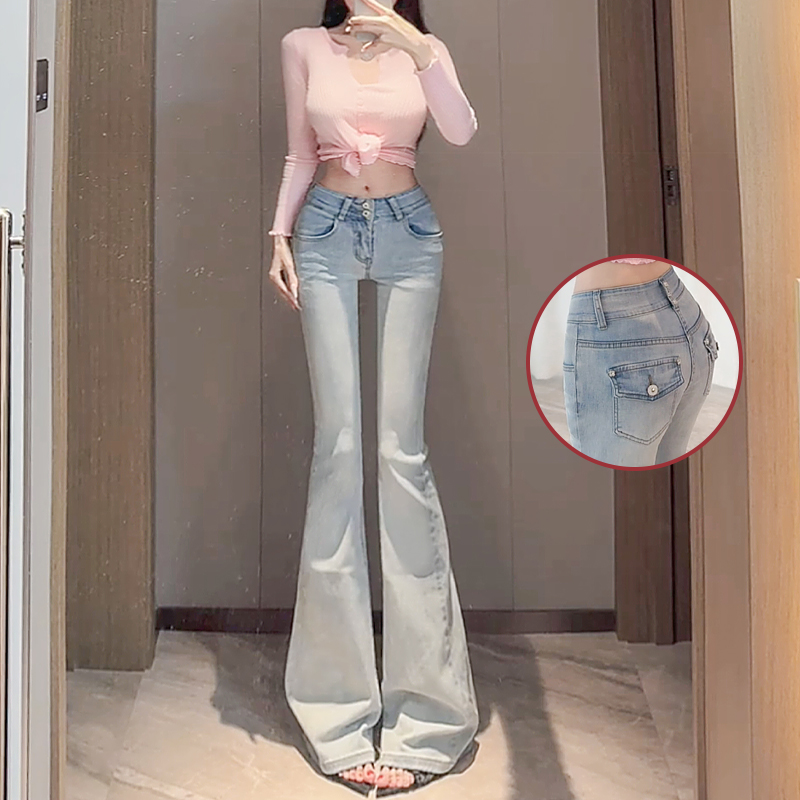 浅色低腰加绒牛仔裤女2025年冬季新款百搭丰跨修身辣妹显瘦微喇裤