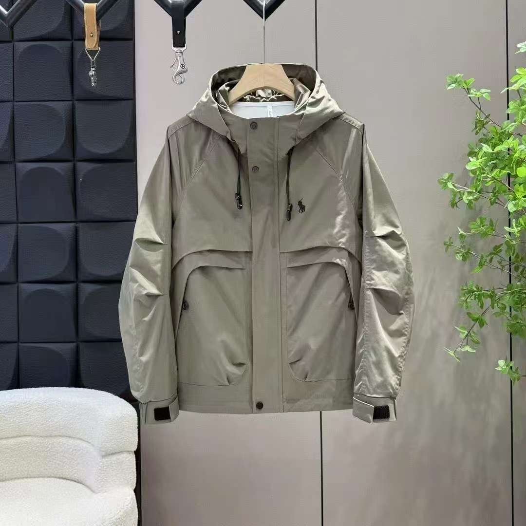 男士连帽防风夹克秋季新款美式休闲户外百搭时尚外套刺绣纯色上衣