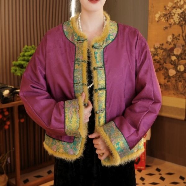 （名锦花间）毛领新中式冬款毛领棉服重工织锦外套2024D5550开心