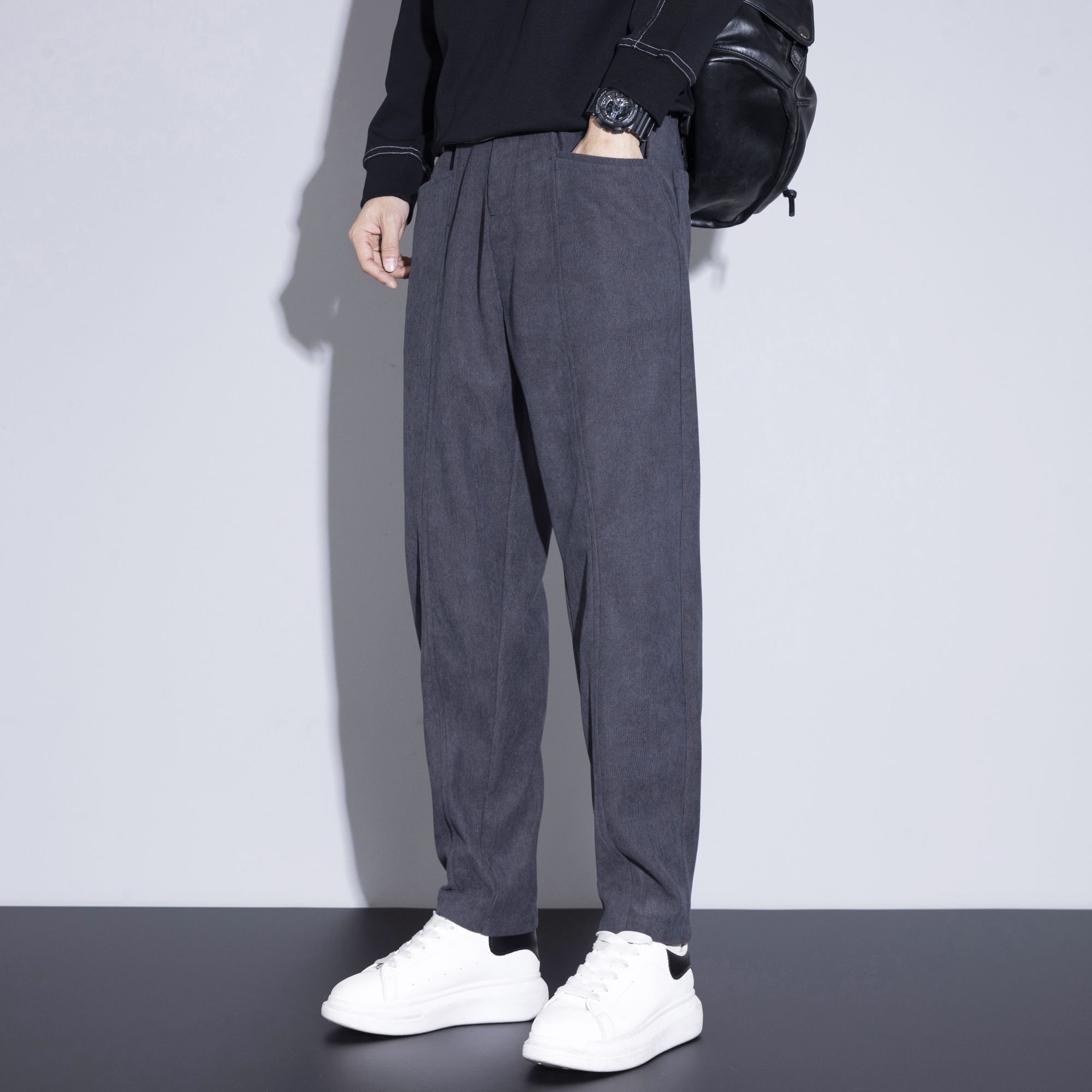 8051秋冬新款男士欧米绒加绒加厚休闲裤百搭直筒大码宽松潮流时尚