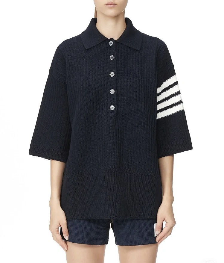 99新 THOMBROWNE 汤姆布朗 四条纹 海军蓝 针织短袖T恤 00码 