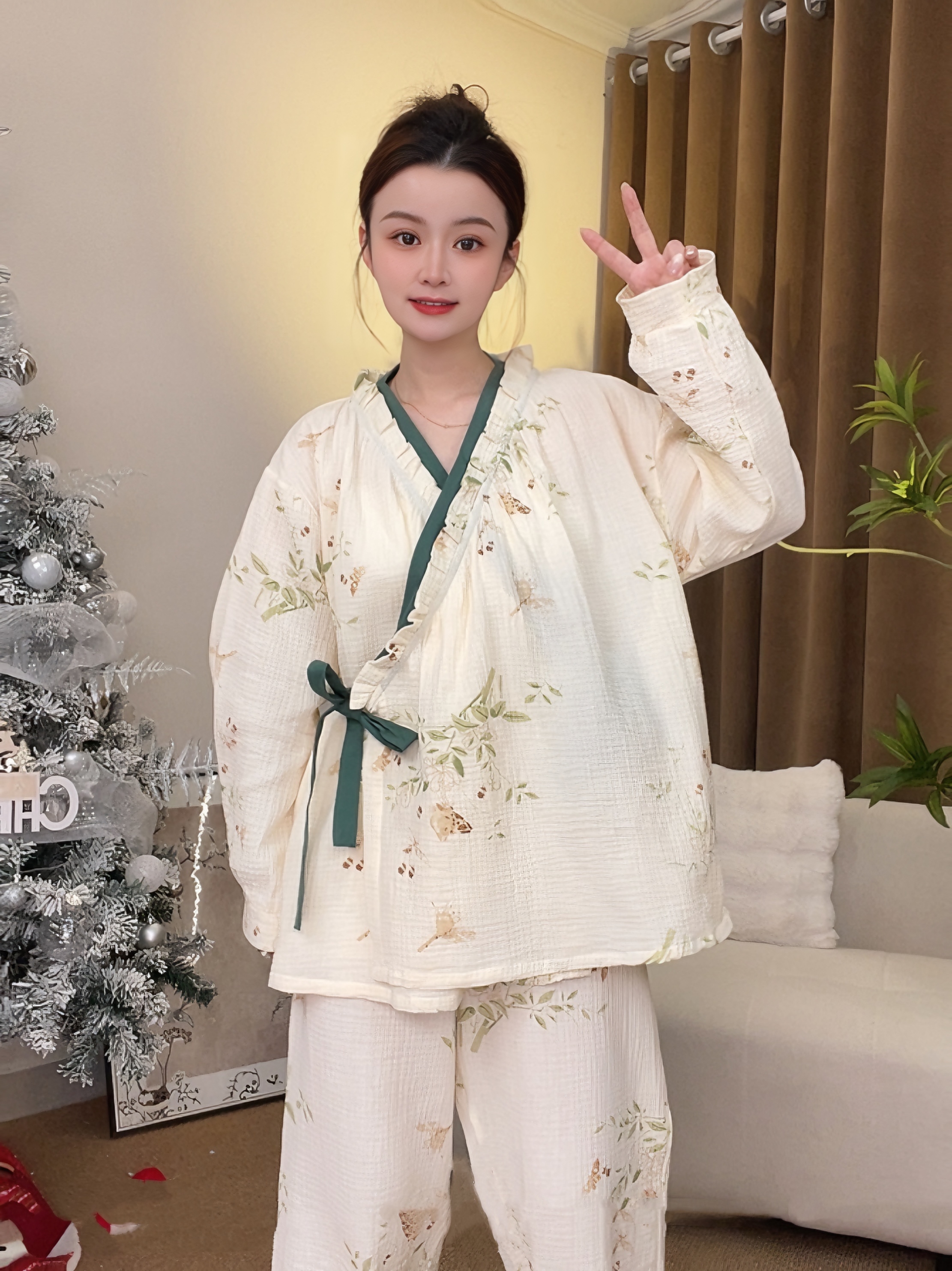 春季纯棉睡衣印花宽松可爱女士和服系带长袖家居服套装两件套