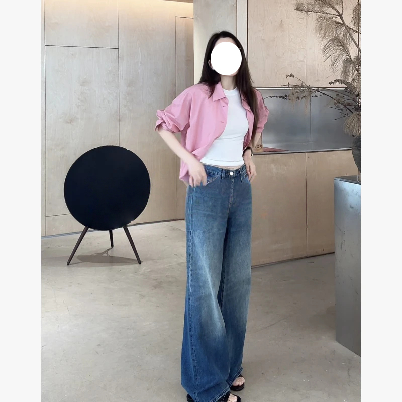 【腿型隐形裤】紧密纺长绒棉高腰阔腿牛仔裤