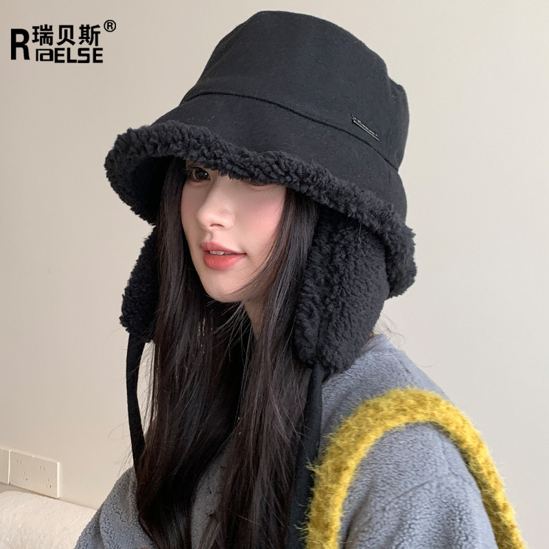 新款双面渔夫帽羊羔毛骑车护耳帽子保暖百搭绑带盆帽防风帽子女款