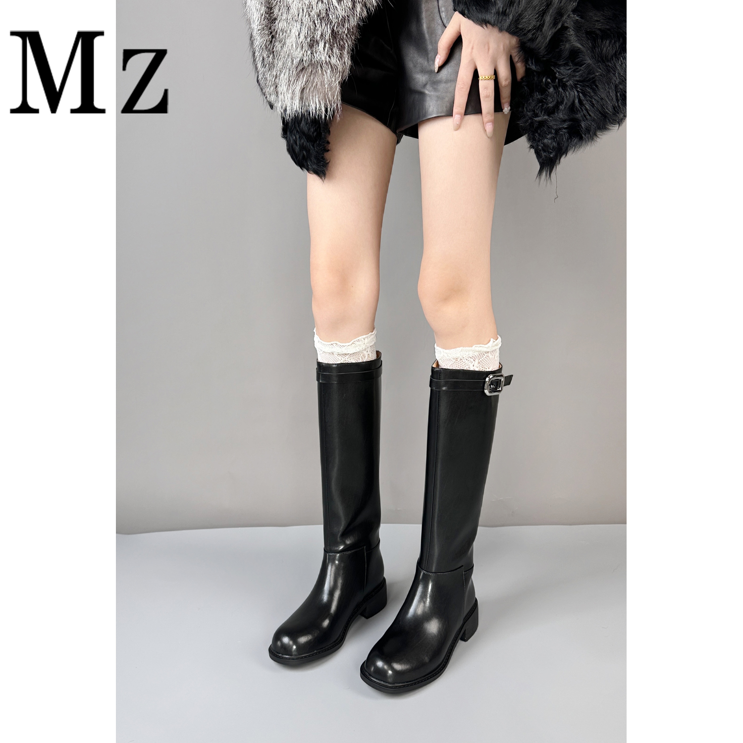 Mr.Zheng/3.5cm/皮带扣骑士靴高筒靴真皮长靴复古秋冬舒适女靴 