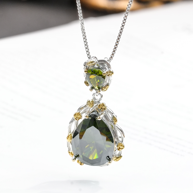 铜合金合成锆石项链 铜合金合成立方氧化锆小众橄榄绿项链7152-2