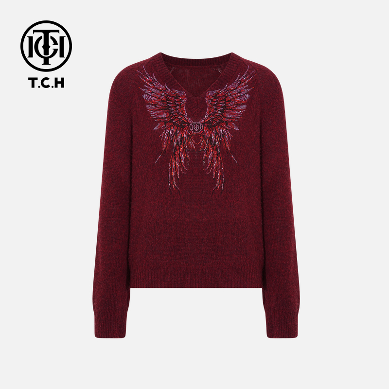 TCH私服秋冬慵懒风烫钻时尚淑女酒红色针织衫T75C09E1126轻奢tch