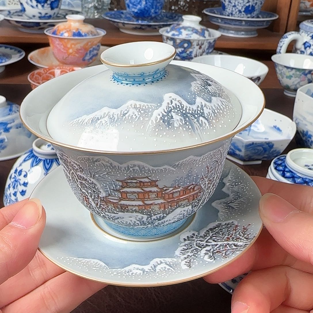 杯釉上粉彩三才盖碗