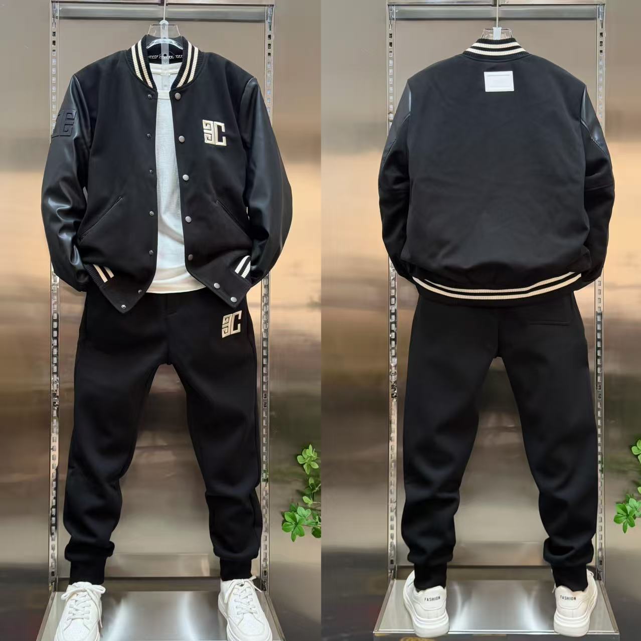 2025冬季男士刺绣拼皮夹克棒球服棉服外套加绒束脚裤休闲时尚套装