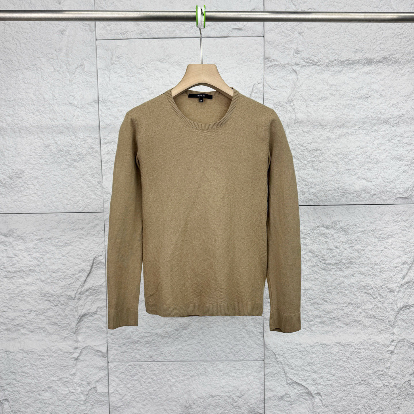 99新 GUCCI/古驰 M码/驼色肩膀logo条纹长袖毛衣/17770414